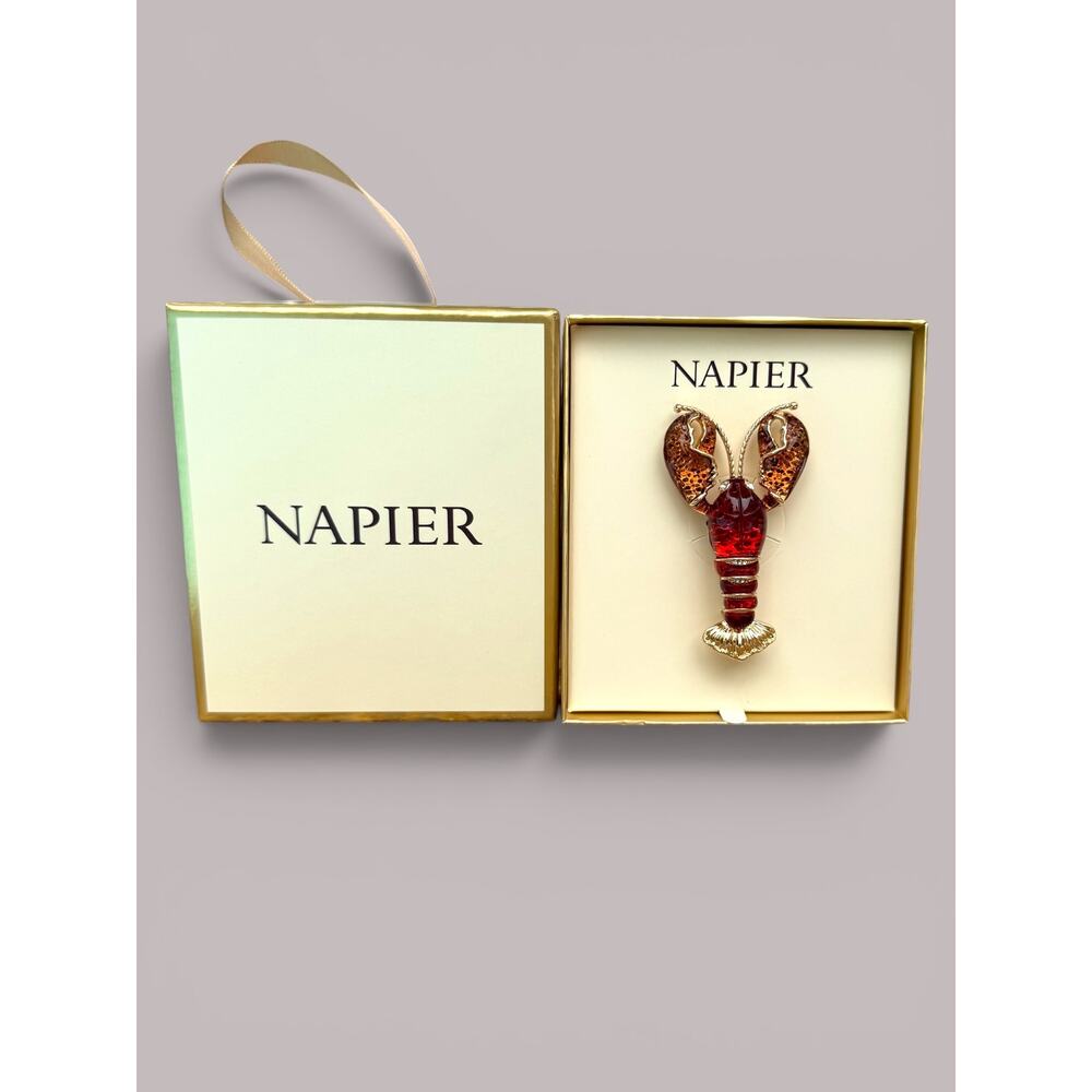 NIB NAPIER Red Glass Lobster Brooch Pin Gold Tone in Box Coastal Maine Elevated - Picture 3 of 5
